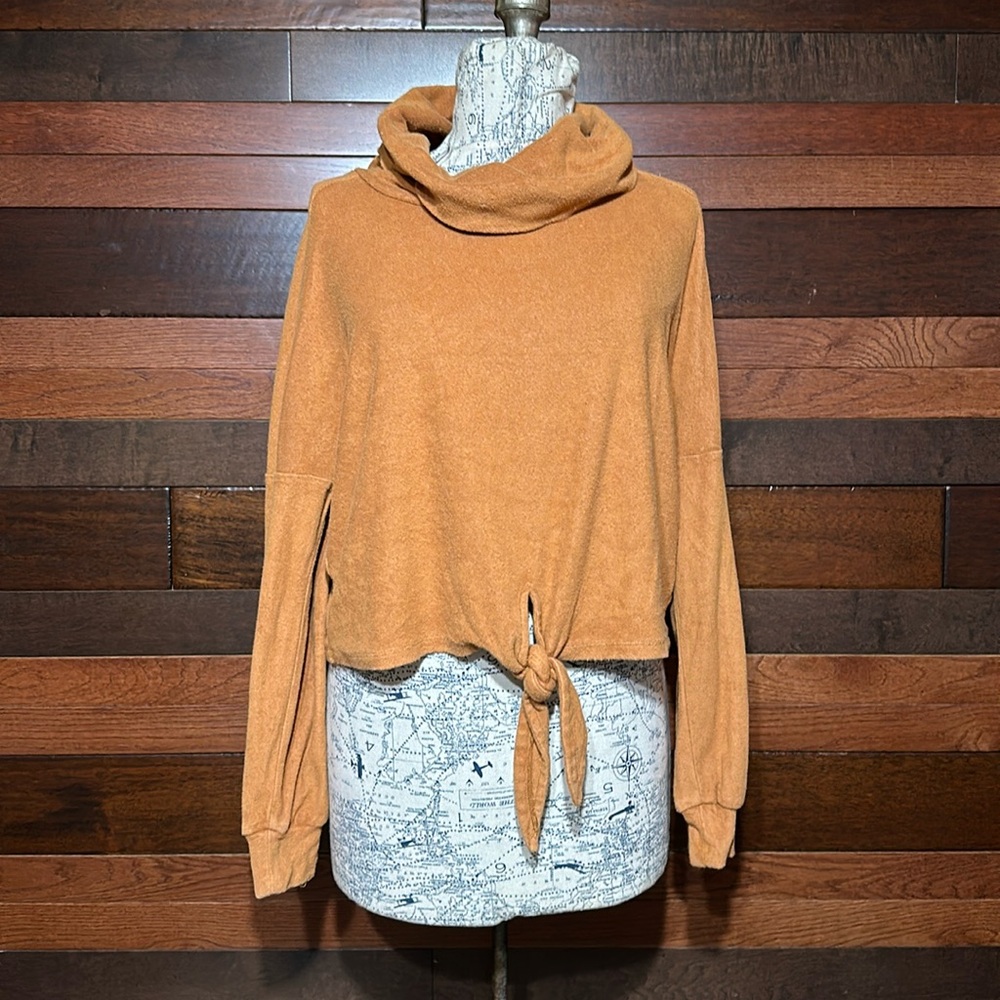 Very J  Cowl Neck Long Sleeve Orange Tie Front Crop Top
